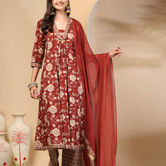 Women's Floral Printed Sequinned Pure Cotton Kurta and Palazzos With Dupatta Set