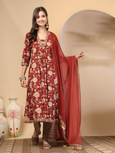 Women's Floral Printed Sequinned Pure Cotton Kurta and Palazzos With Dupatta Set