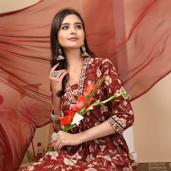 Women's Floral Printed Sequinned Pure Cotton Kurta and Palazzos With Dupatta Set
