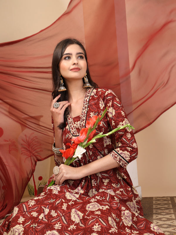 Women's Floral Printed Sequinned Pure Cotton Kurta and Palazzos With Dupatta Set