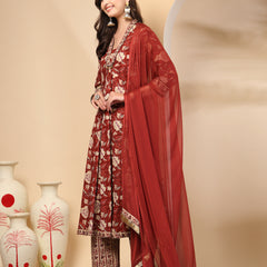 Women's Floral Printed Sequinned Pure Cotton Kurta and Palazzos With Dupatta Set