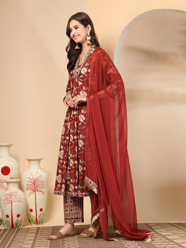 Women's Floral Printed Sequinned Pure Cotton Kurta and Palazzos With Dupatta Set