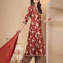 Women's Floral Printed Sequinned Pure Cotton Kurta and Palazzos With Dupatta Set