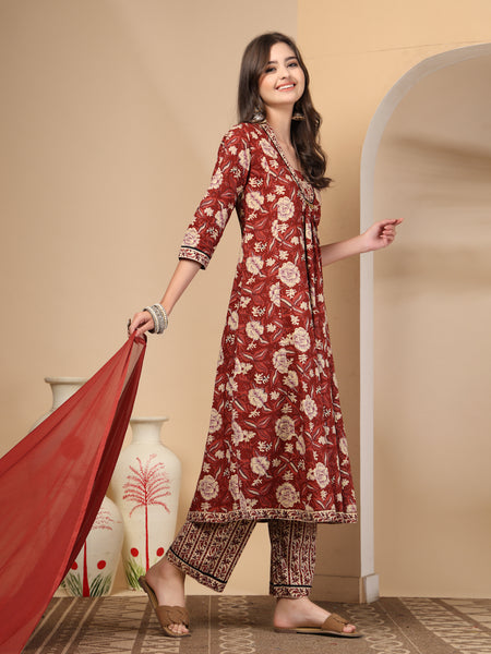 Women's Floral Printed Sequinned Pure Cotton Kurta and Palazzos With Dupatta Set