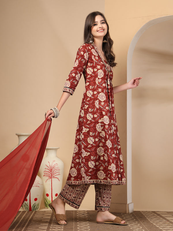 Women's Floral Printed Sequinned Pure Cotton Kurta and Palazzos With Dupatta Set