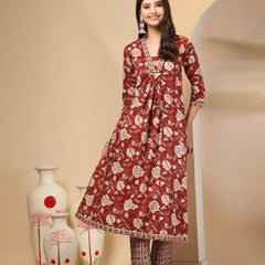 Women's Floral Printed Sequinned Pure Cotton Kurta and Palazzos With Dupatta Set