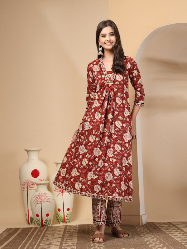 Women's Floral Printed Sequinned Pure Cotton Kurta and Palazzos With Dupatta Set