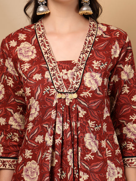 Women's Floral Printed Sequinned Pure Cotton Kurta and Palazzos With Dupatta Set