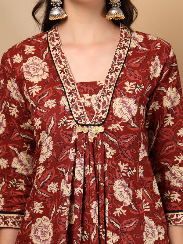 Women's Floral Printed Sequinned Pure Cotton Kurta and Palazzos With Dupatta Set