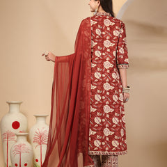 Women's Floral Printed Sequinned Pure Cotton Kurta and Palazzos With Dupatta Set