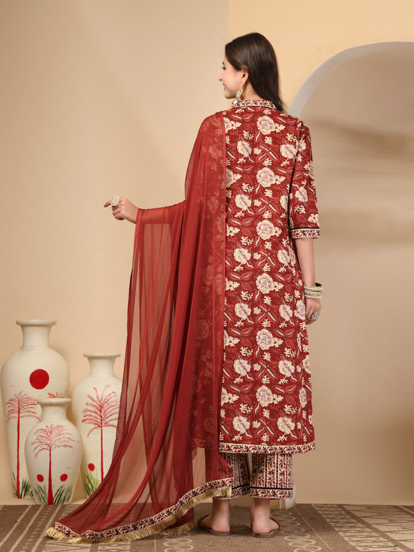 Women's Floral Printed Sequinned Pure Cotton Kurta and Palazzos With Dupatta Set