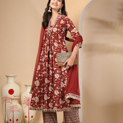 Women's Floral Printed Sequinned Pure Cotton Kurta and Palazzos With Dupatta Set