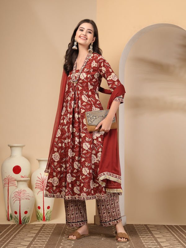 Women's Floral Printed Sequinned Pure Cotton Kurta and Palazzos With Dupatta Set
