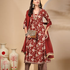 Women's Floral Printed Sequinned Pure Cotton Kurta and Palazzos With Dupatta Set