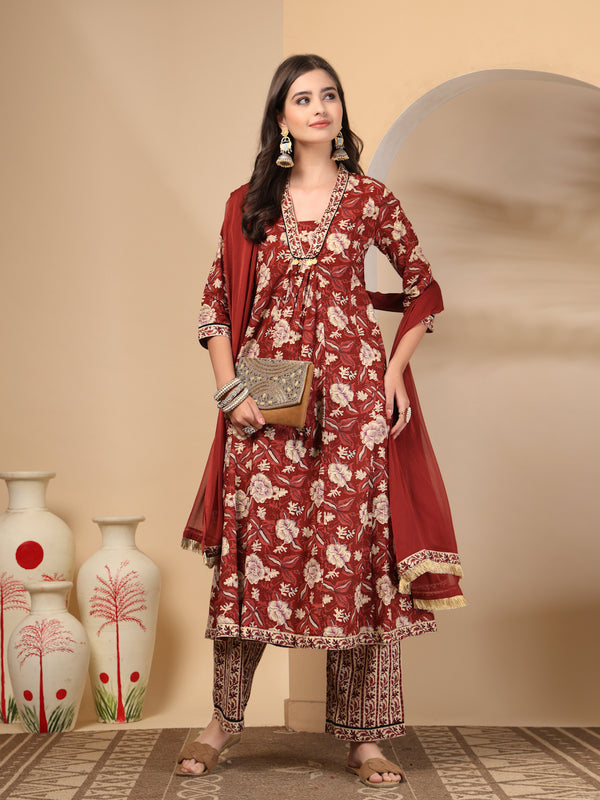 Women's Floral Printed Sequinned Pure Cotton Kurta and Palazzos With Dupatta Set