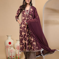 Women's Floral Printed Sequinned Pure Cotton Kurta and Palazzos With Dupatta Set