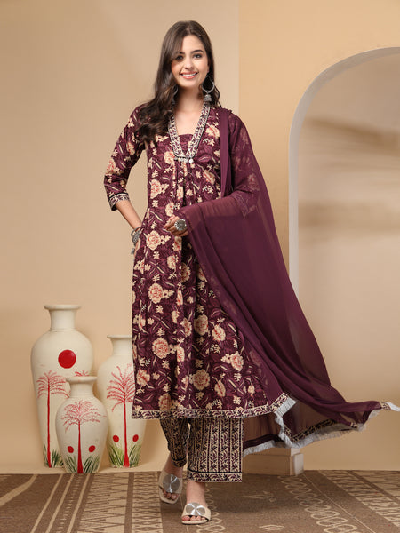 Women's Floral Printed Sequinned Pure Cotton Kurta and Palazzos With Dupatta Set