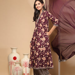 Women's Floral Printed Sequinned Pure Cotton Kurta and Palazzos With Dupatta Set