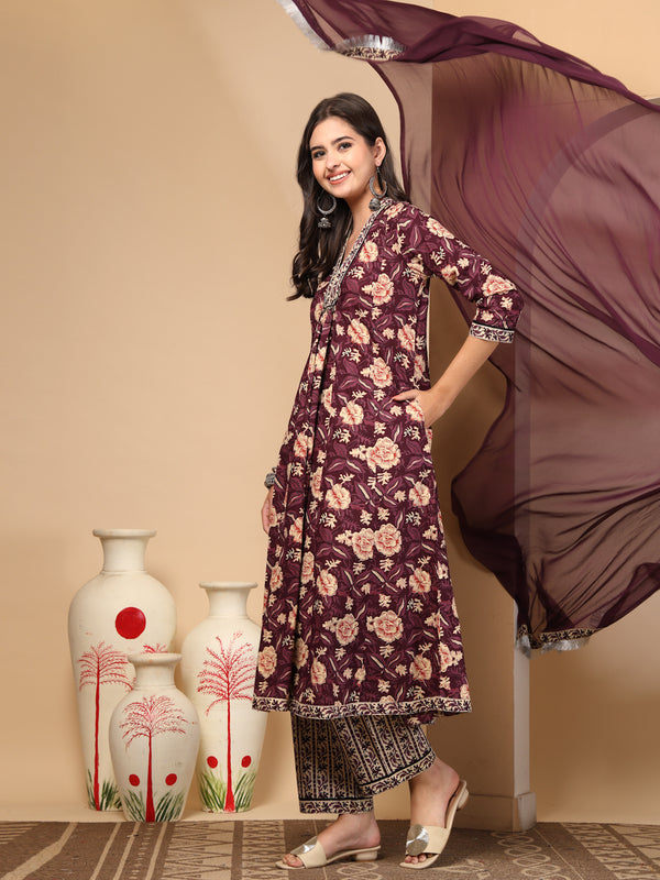 Women's Floral Printed Sequinned Pure Cotton Kurta and Palazzos With Dupatta Set