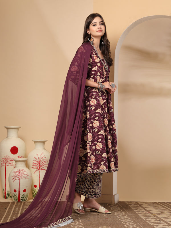 Women's Floral Printed Sequinned Pure Cotton Kurta and Palazzos With Dupatta Set