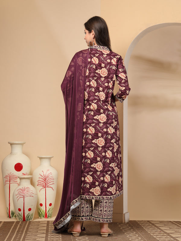 Women's Floral Printed Sequinned Pure Cotton Kurta and Palazzos With Dupatta Set