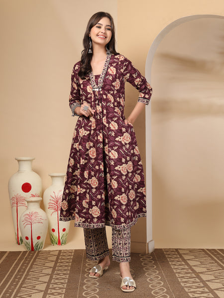 Women's Floral Printed Sequinned Pure Cotton Kurta and Palazzos With Dupatta Set