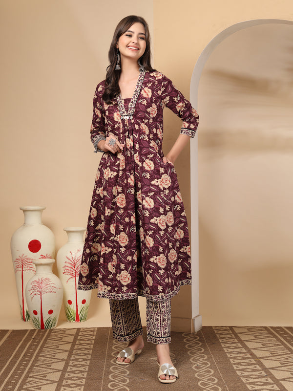 Women's Floral Printed Sequinned Pure Cotton Kurta and Palazzos With Dupatta Set