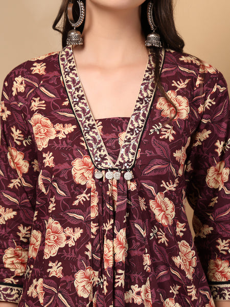 Women's Floral Printed Sequinned Pure Cotton Kurta and Palazzos With Dupatta Set
