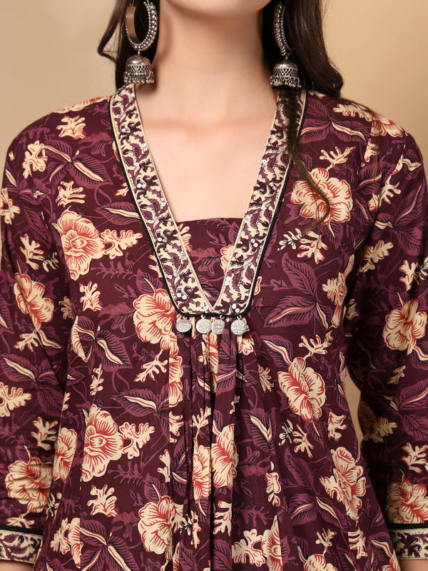 Women's Floral Printed Sequinned Pure Cotton Kurta and Palazzos With Dupatta Set