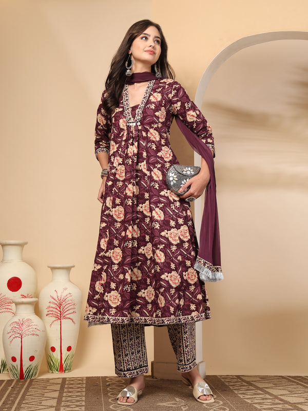 Women's Floral Printed Sequinned Pure Cotton Kurta and Palazzos With Dupatta Set