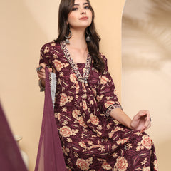 Women's Floral Printed Sequinned Pure Cotton Kurta and Palazzos With Dupatta Set