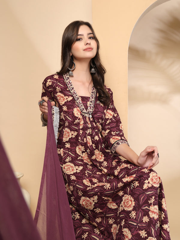 Women's Floral Printed Sequinned Pure Cotton Kurta and Palazzos With Dupatta Set