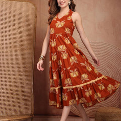 Geometric Printed Pure Cotton A-Line Ethnic Dress - Rust
