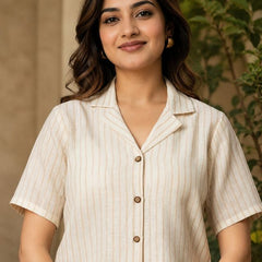 Vertical Striped Shirt Style Crop Top