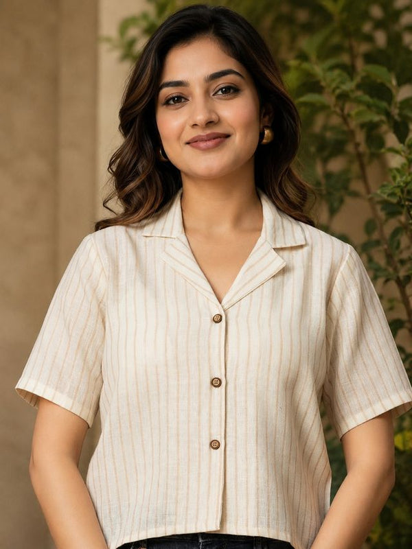 Vertical Striped Shirt Style Crop Top