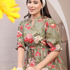 Floral Printed Pure Cotton Mandarin Collar Fit and Flare Dress