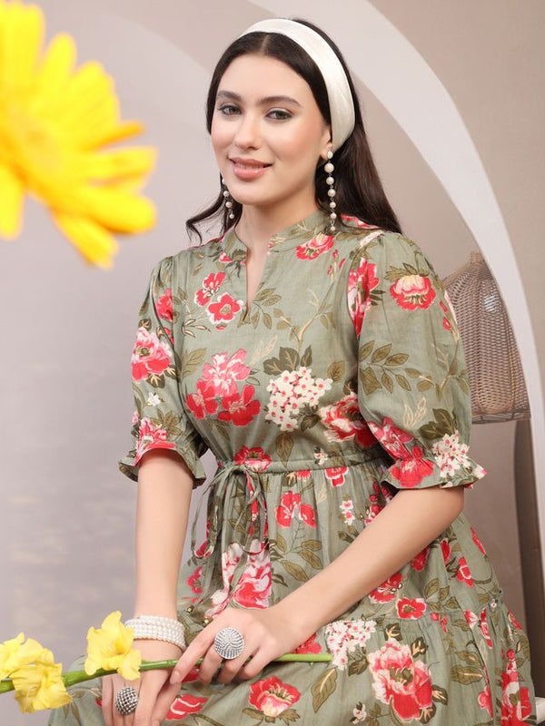 Floral Printed Pure Cotton Mandarin Collar Fit and Flare Dress