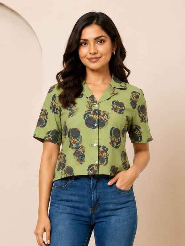 Floral Printed Cotton Shirt Style Top
