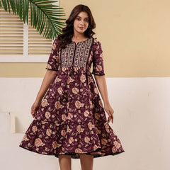 Floral Printed V-Neck Pure Cotton Fit & Flare Dress