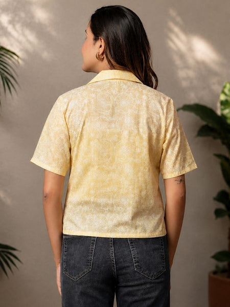 Printed Cotton Lurex Shirt Style Crop Top