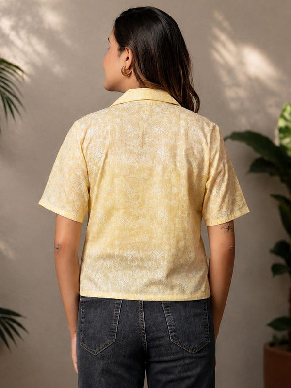 Printed Cotton Lurex Shirt Style Crop Top