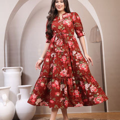 Floral Printed Pure Cotton Mandarin Collar Fit and Flare Dress