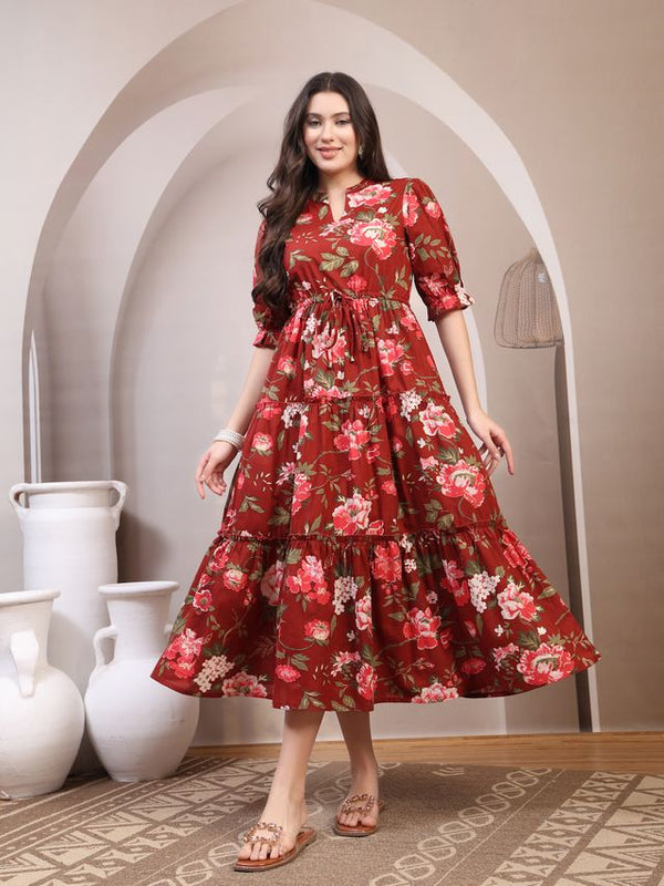 Floral Printed Pure Cotton Mandarin Collar Fit and Flare Dress