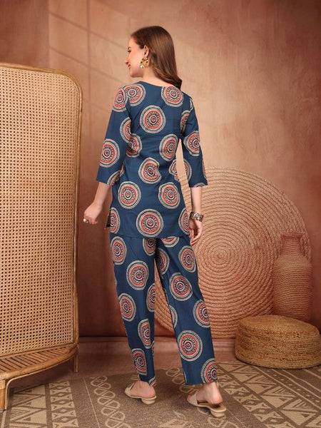 Geometric Printed Pure Cotton Co-Ord Set - Blue