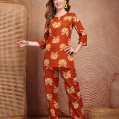 Geometric Printed Pure Cotton Co-Ord Set - Rust