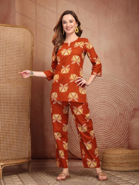 Geometric Printed Pure Cotton Co-Ord Set - Rust