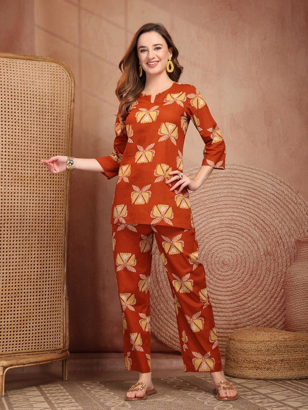 Geometric Printed Pure Cotton Co-Ord Set - Rust