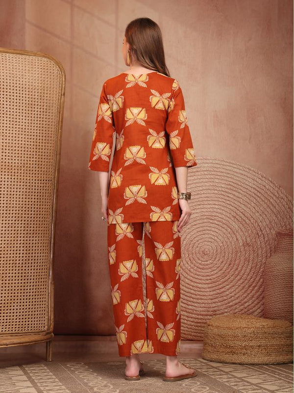 Geometric Printed Pure Cotton Co-Ord Set - Rust