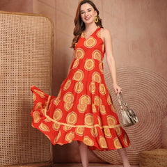 Geometric Printed Pure Cotton A-Line Ethnic Dress - Orange