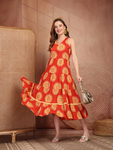 Geometric Printed Pure Cotton A-Line Ethnic Dress - Orange